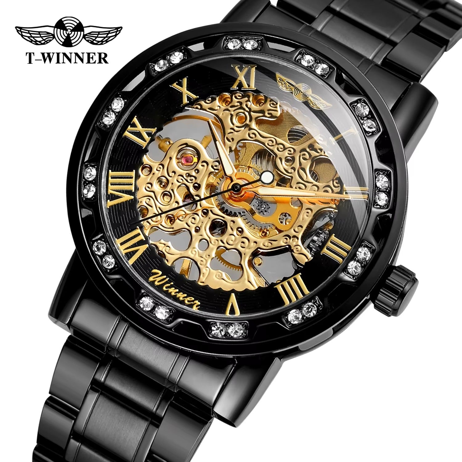 Golden Skeleton Men’s Mechanical Watch – Luminous Hands, Stainless Steel Luxury Timepiece
