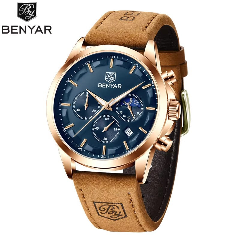 BENYAR Men’s Waterproof Chronograph – Premium Leather Strap Watch
