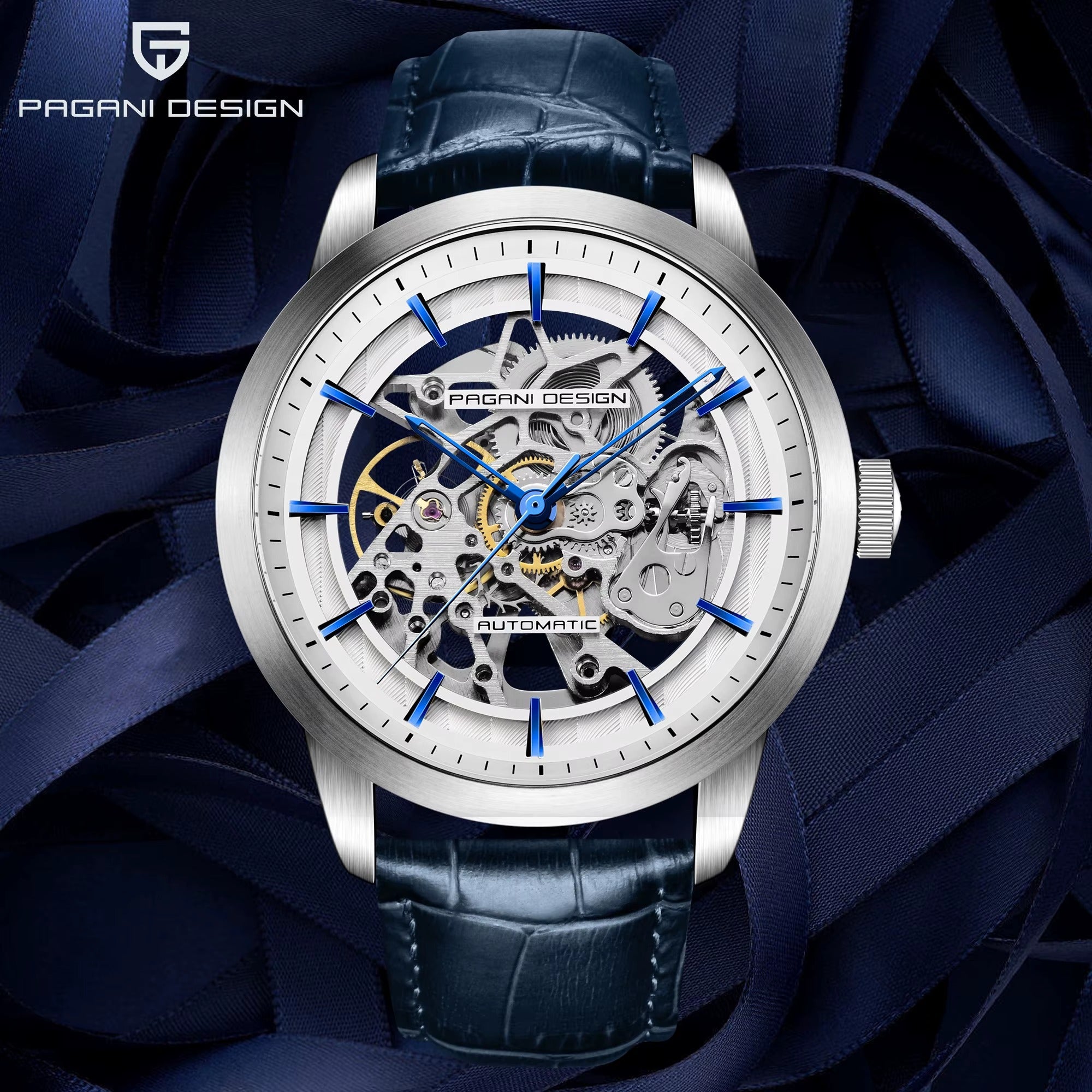 Pagani Design Automatic Skeleton Watch – Blue & Gold, Leather Strap