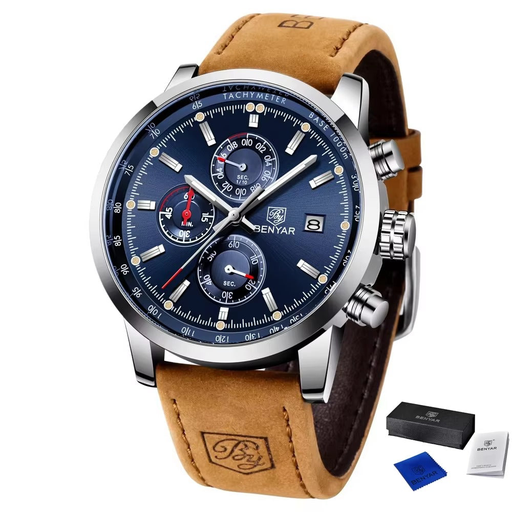 Elegant Men’s Quartz Watch – Blue Dial, Date Display, Faux Leather
