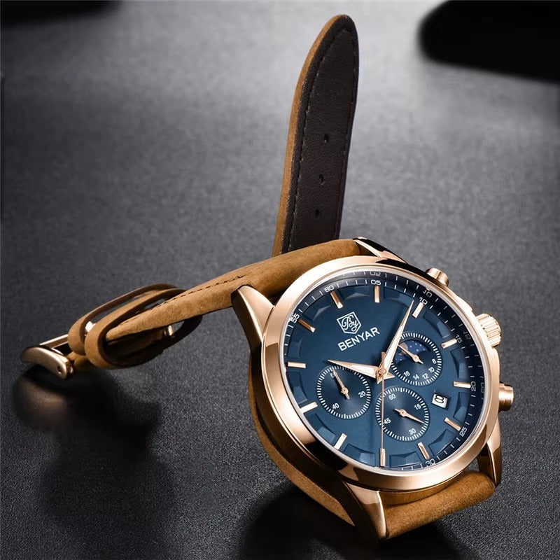 BENYAR Men’s Waterproof Chronograph – Premium Leather Strap Watch
