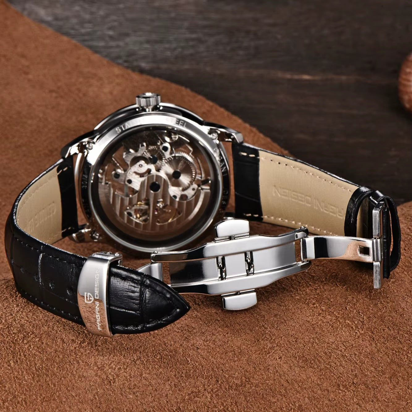 Pagani Design Automatic Skeleton Watch – Blue & Gold, Leather Strap