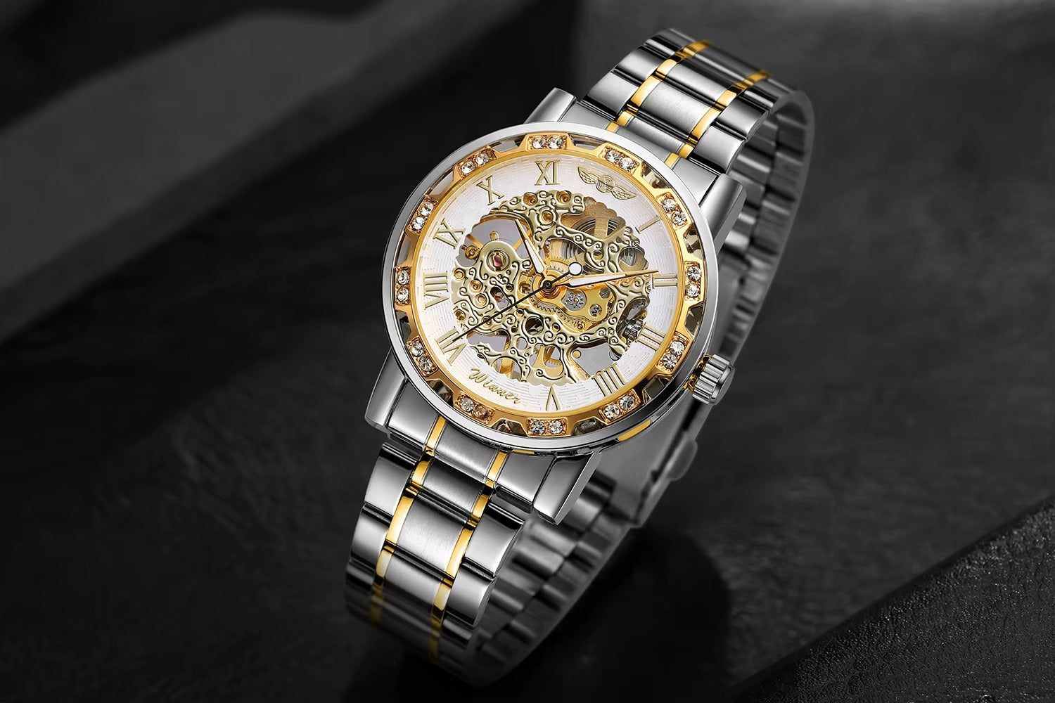 Golden Skeleton Men’s Mechanical Watch – Luminous Hands, Stainless Steel Luxury Timepiece