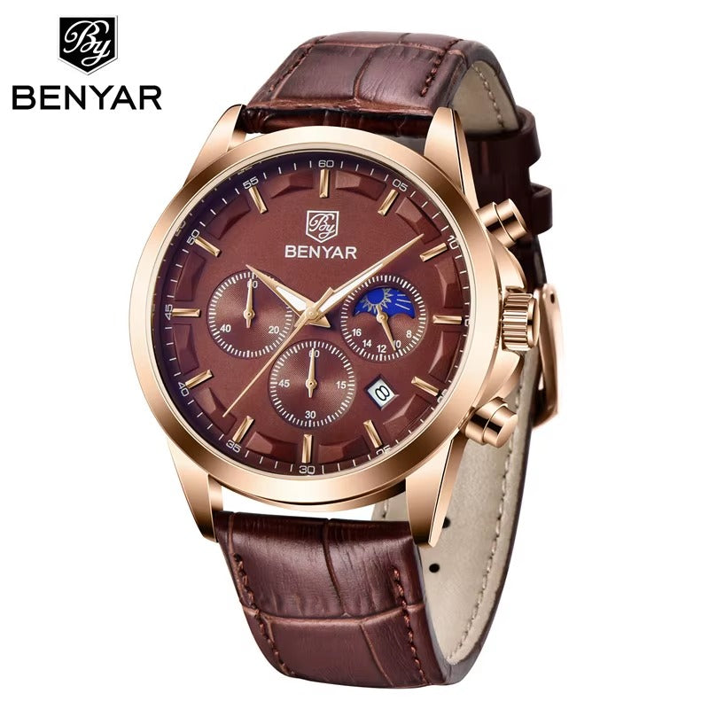 BENYAR Men’s Waterproof Chronograph – Premium Leather Strap Watch