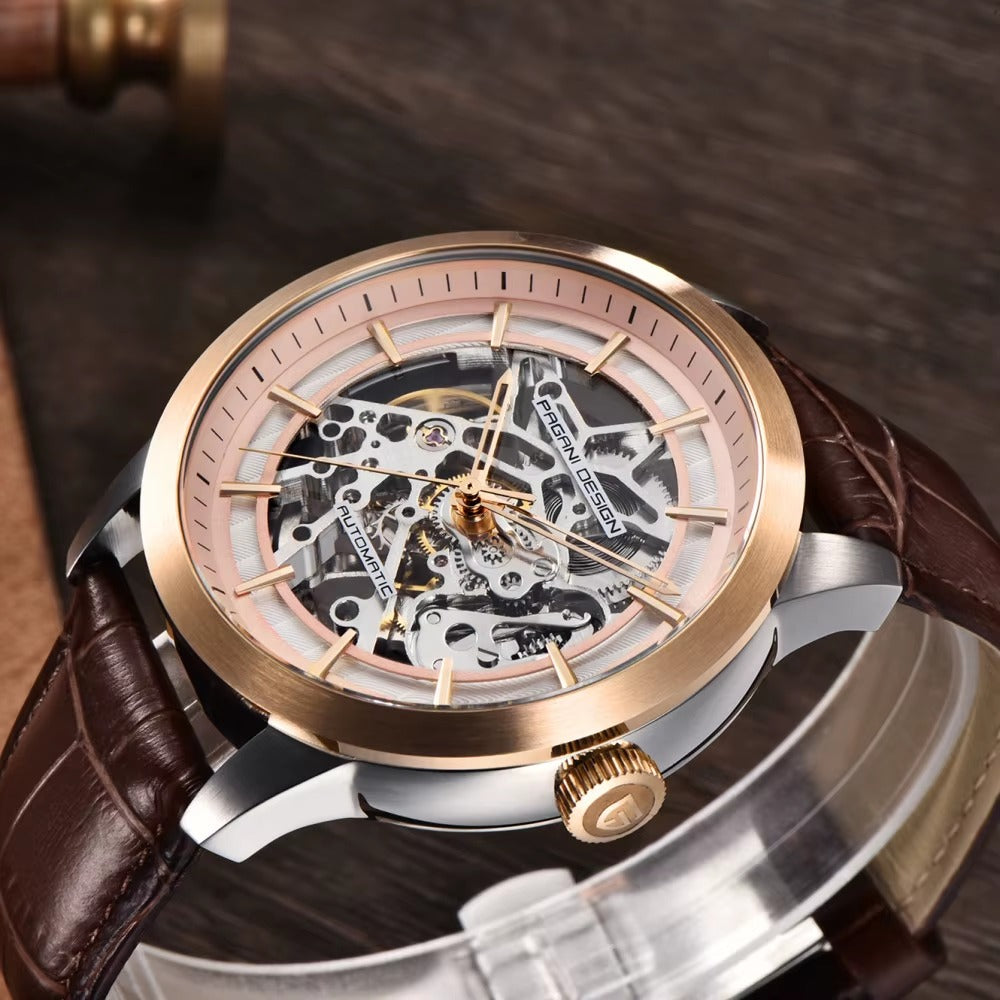 Pagani Design Automatic Skeleton Watch – Blue & Gold, Leather Strap