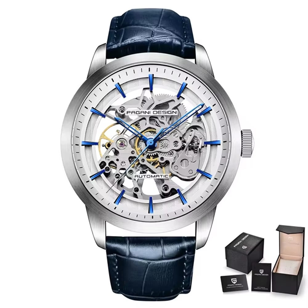 Pagani Design Automatic Skeleton Watch – Blue & Gold, Leather Strap