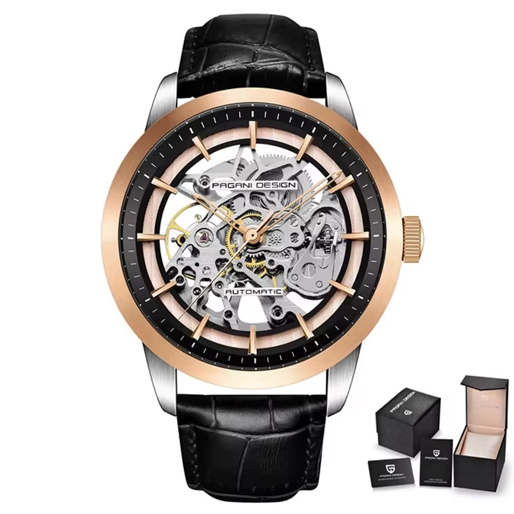 Pagani Design Automatic Skeleton Watch – Blue & Gold, Leather Strap