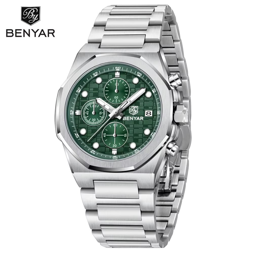BENYAR Luxury Chronograph – Blue Dial, Stainless Steel Watch