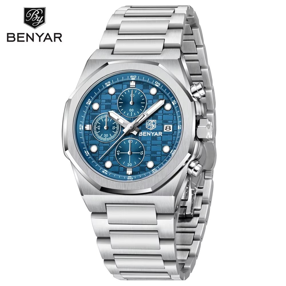BENYAR Luxury Chronograph – Blue Dial, Stainless Steel Watch