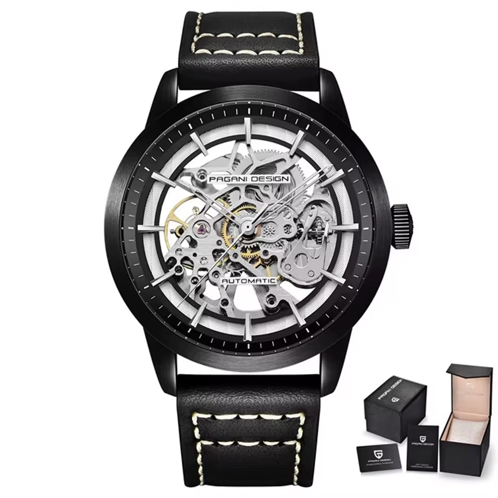 Pagani Design Automatic Skeleton Watch – Blue & Gold, Leather Strap