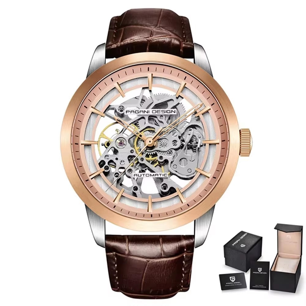 Pagani Design Automatic Skeleton Watch – Blue & Gold, Leather Strap